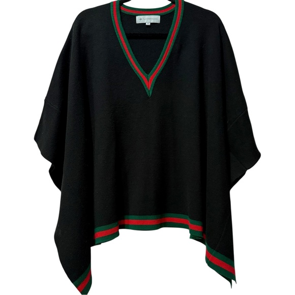 Tuckernuck Camden V-Neck Stripe Trim Soft Poncho Sweater Cape Black One Size - Picture 2 of 5